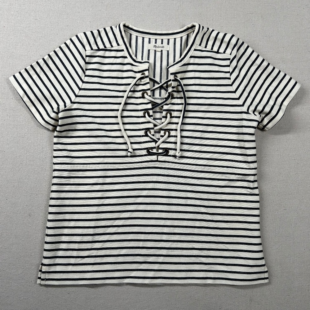 Madewell Top Womens Sm V Neck Nautical Sailor Blue White Striped Cream Off White